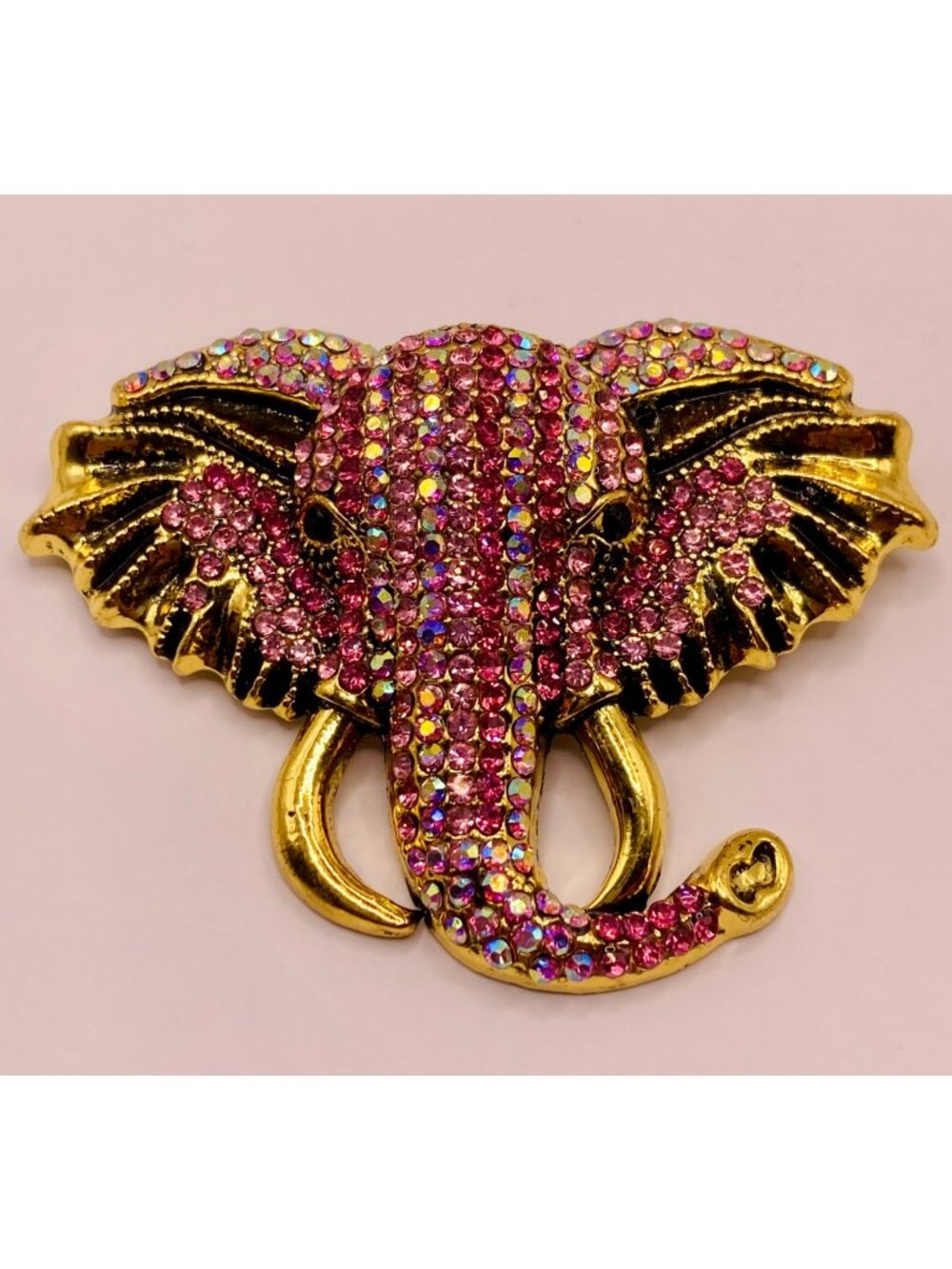 Sparkling Gold & Pink Rhinestone Elephant Brooch Pin -82B